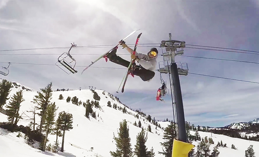 Jeremy Pancras spins a rodeo 540 bow and arrow grab at Mammoth Mountain.