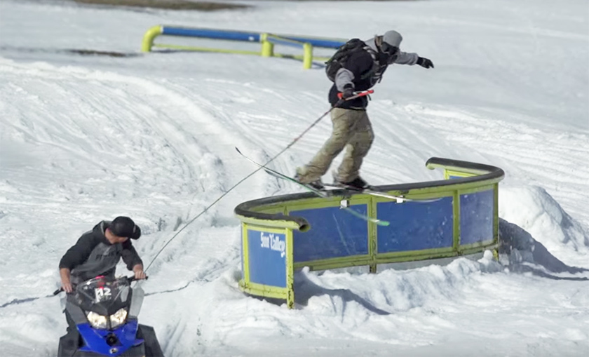 Karl Fostvedt slides a rail towed by a snowmobile while filming for Good Company's 2016 film Vice Versa.