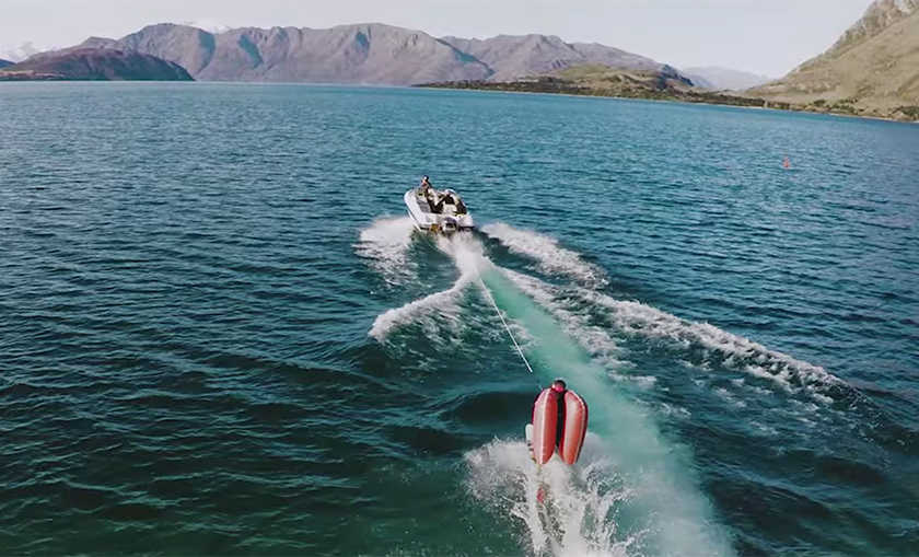 Cam McDermid waterskis while filming for the SuperMons commercial.
