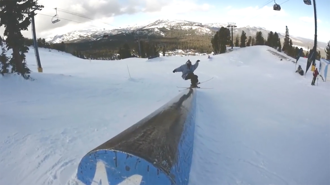 Phil Casabon slides a down tube in the early season Mammoth mountain terrain park.