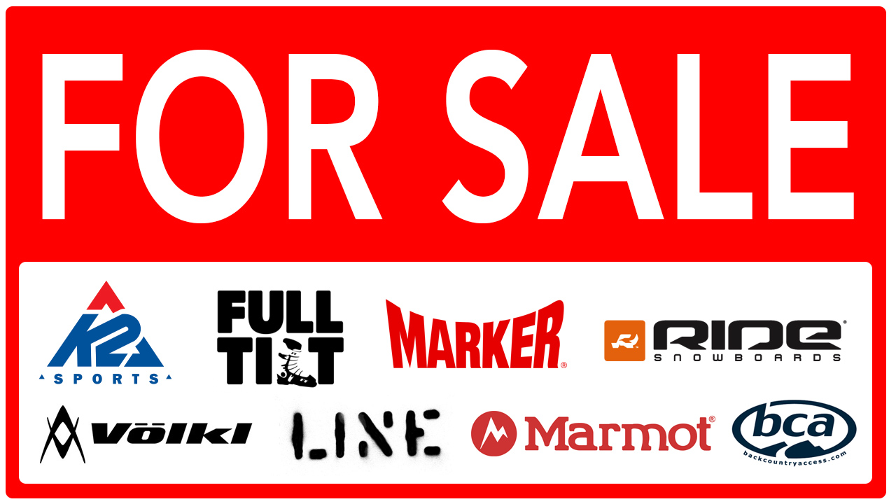 A For Sale sign for K2, Line, Volkl and more.