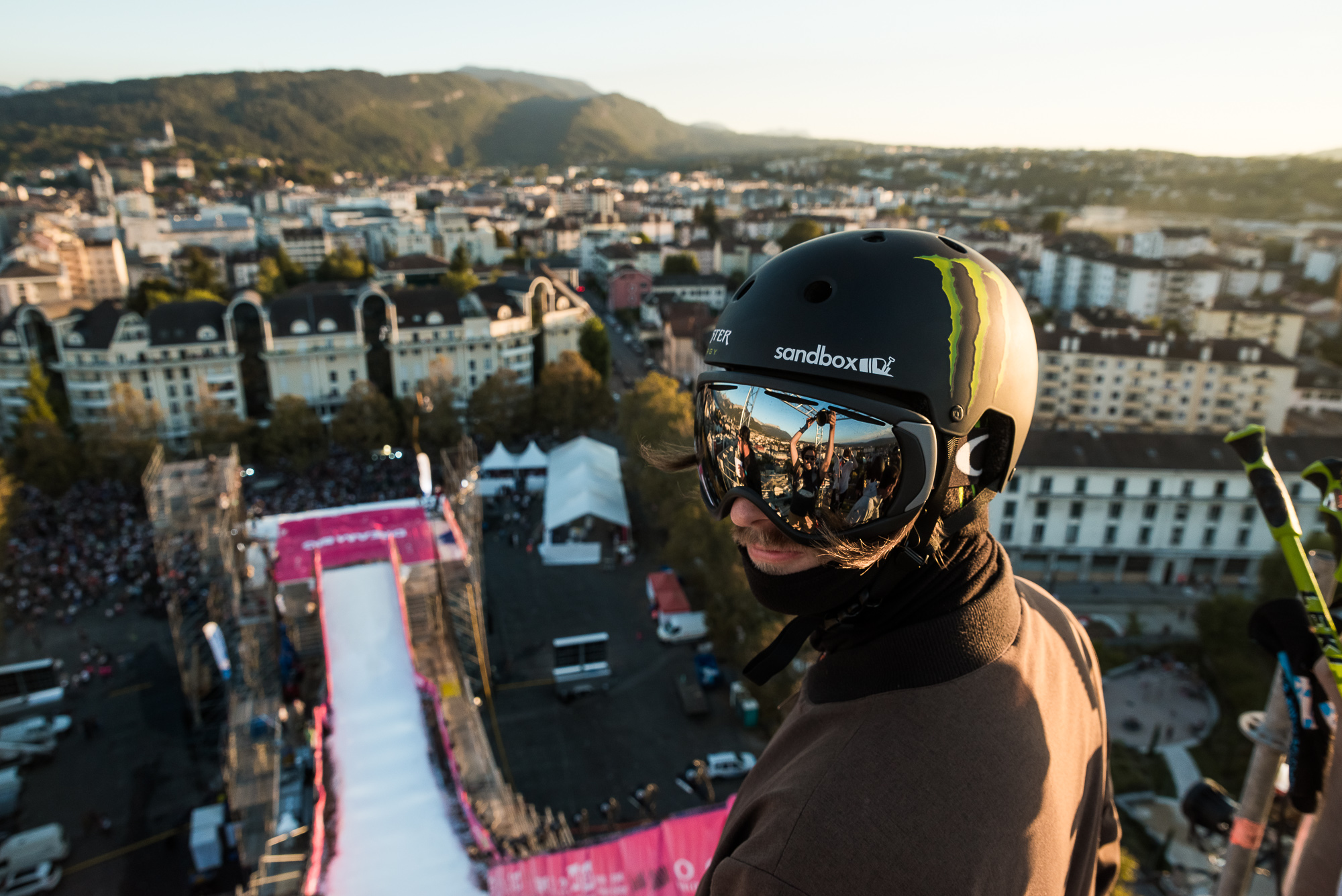 Daniel Hanka stands on the drop-in of the Sosh Big Air in Annecy.