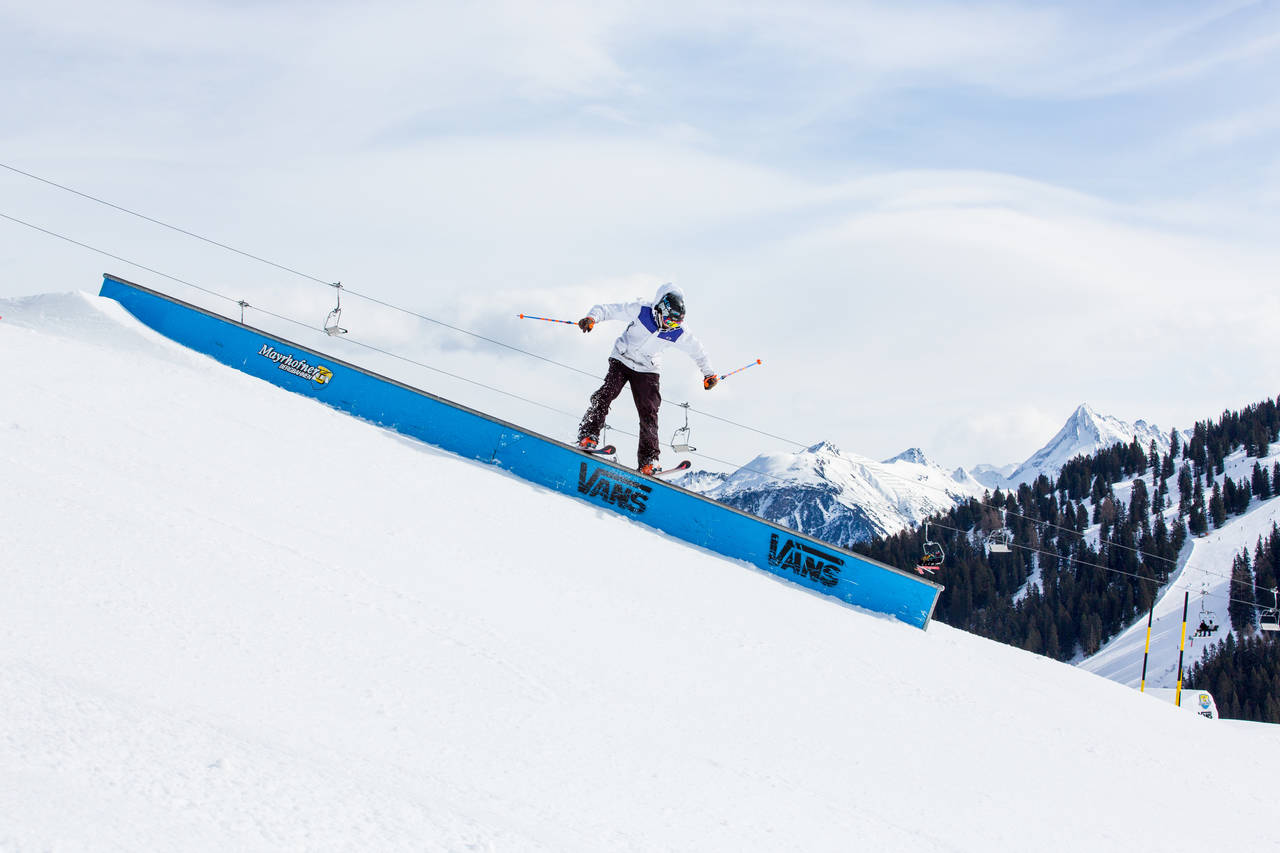 Bernhard Obrist on the Vans Penken Park downrail captured by Patrick Steiner