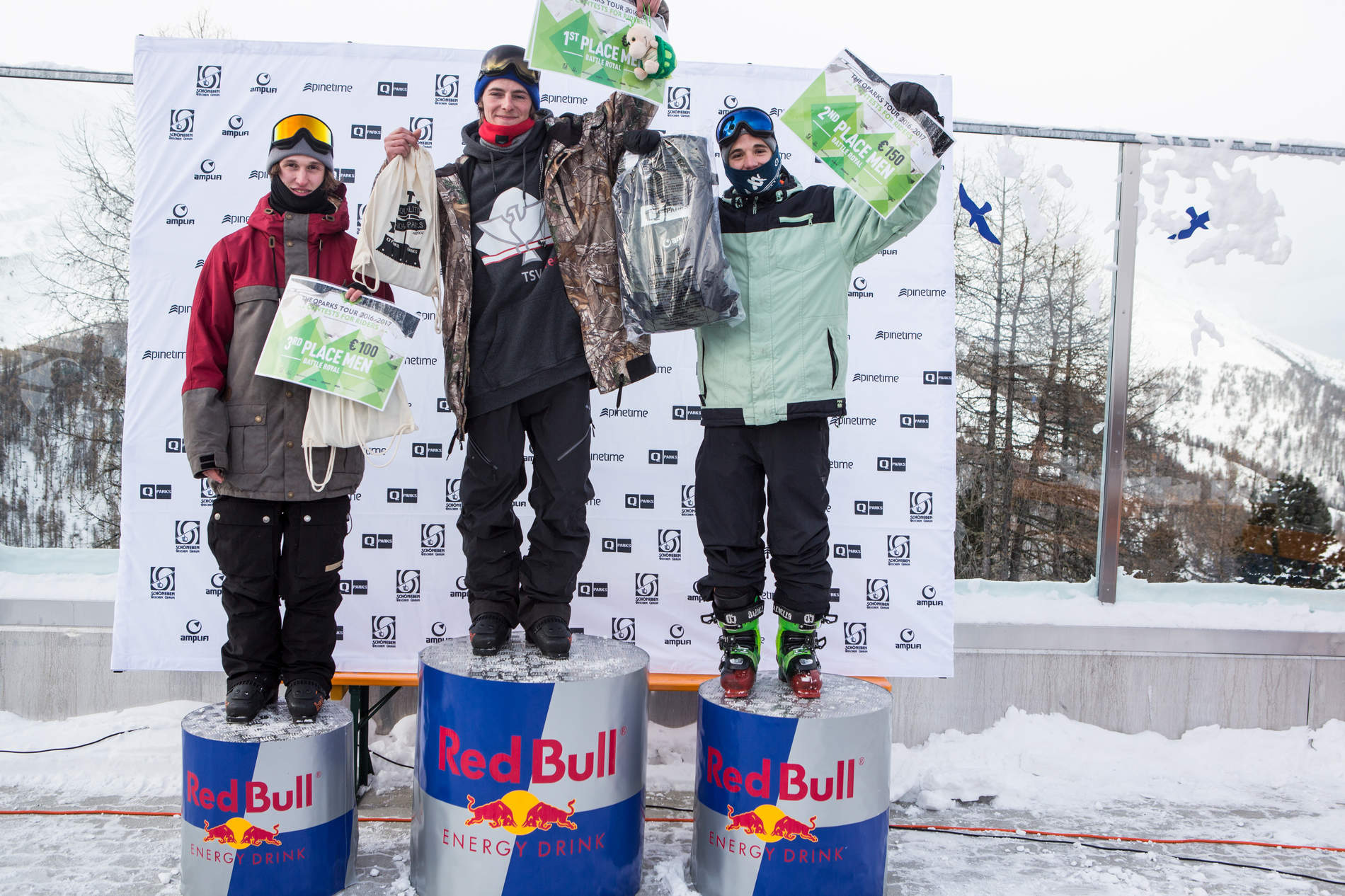 Mens podium at the QParks Freeski Tour Battle Rojal at Snowpark Schöneben 2017 captured by Patrick Steiner