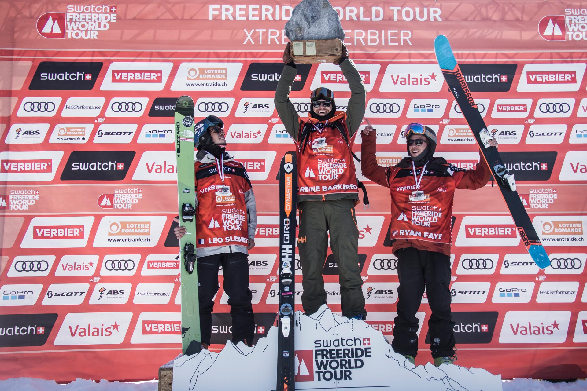 Freeride World Tour Verbier Xtreme Podium Men Ski 1st place Reine Barkered, 2nd place Leo Slemett, 3rd place Ryan Faye