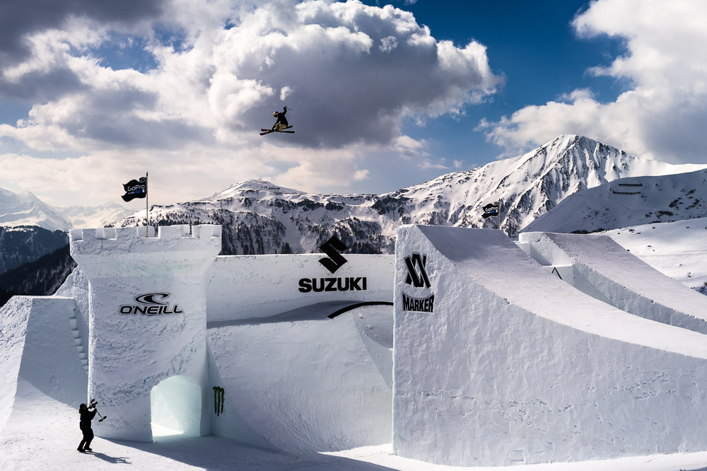Lisa Zimmermann soars over the 2015 Nine Queens castle in Serfaus, Austria