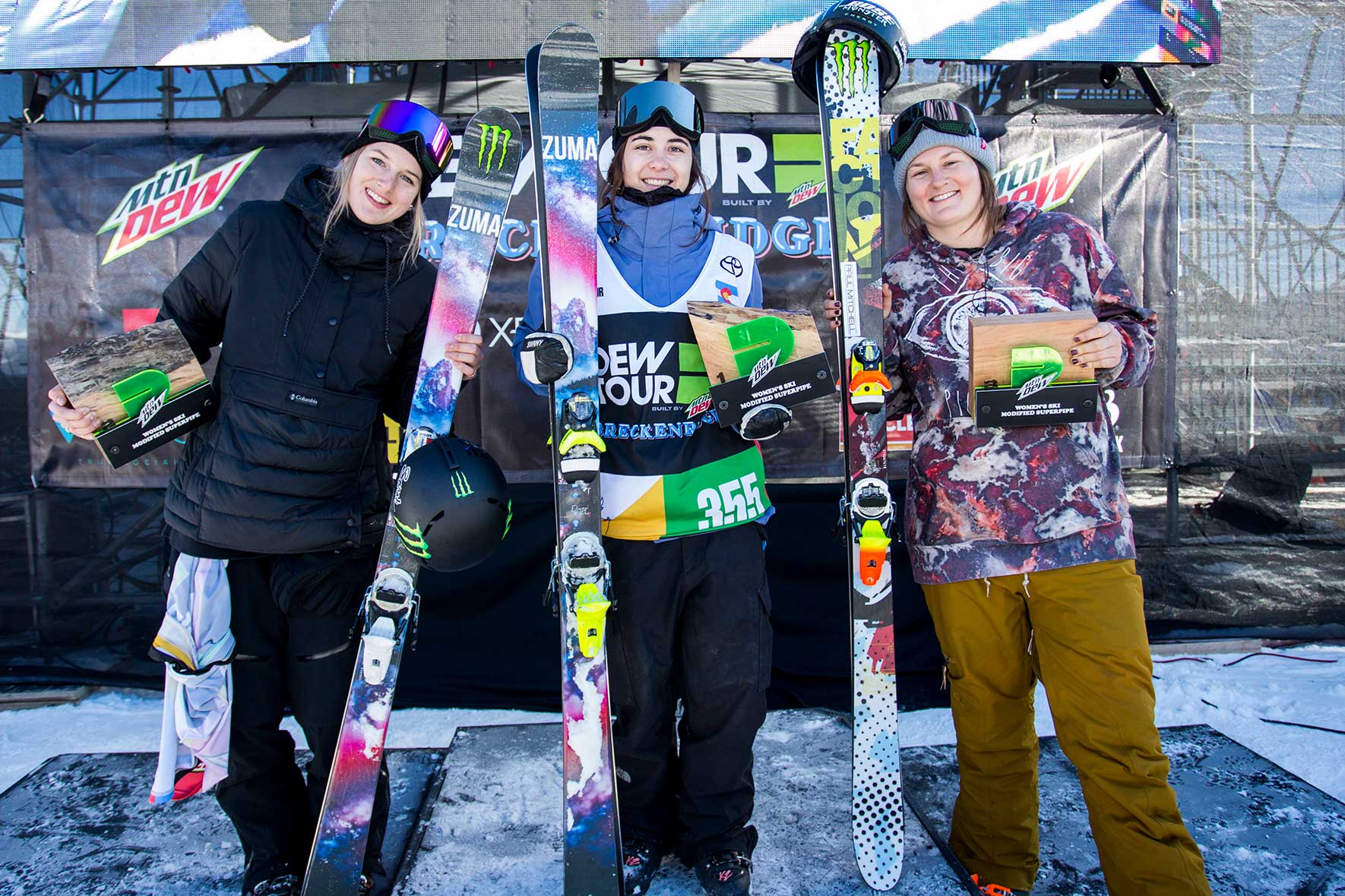 women's podium at the 2018 Dew tour modified superpipe contest.