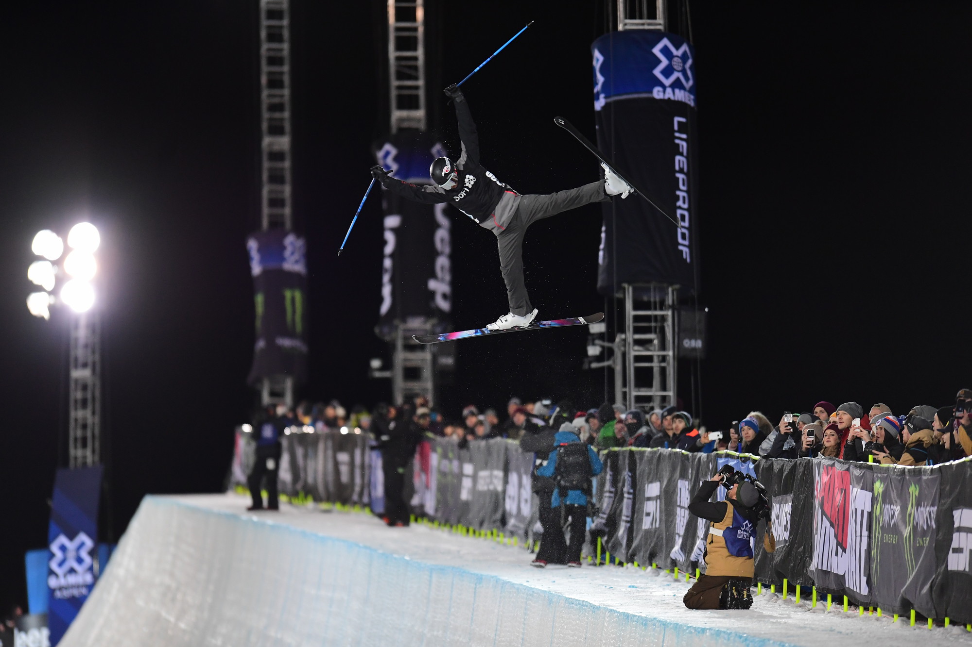Aspen, CO - January 25, 2018 - Buttermilk Mountain: Simon D'Artois competing in LifeProof Men's Ski SuperPipe during X Games Aspen 2018