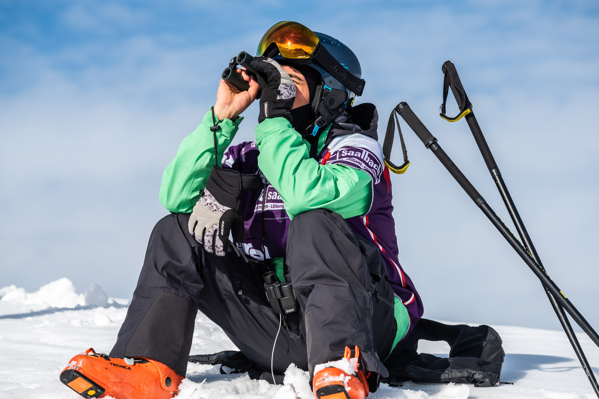 Unknown rider scopes the face at the Freeride World Tour stop in Fieberbrunn, Austria