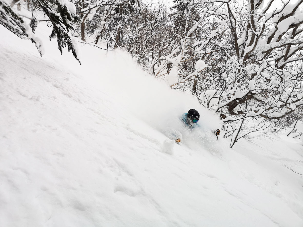 Deep powder skiing in Hokkaido, Japan.