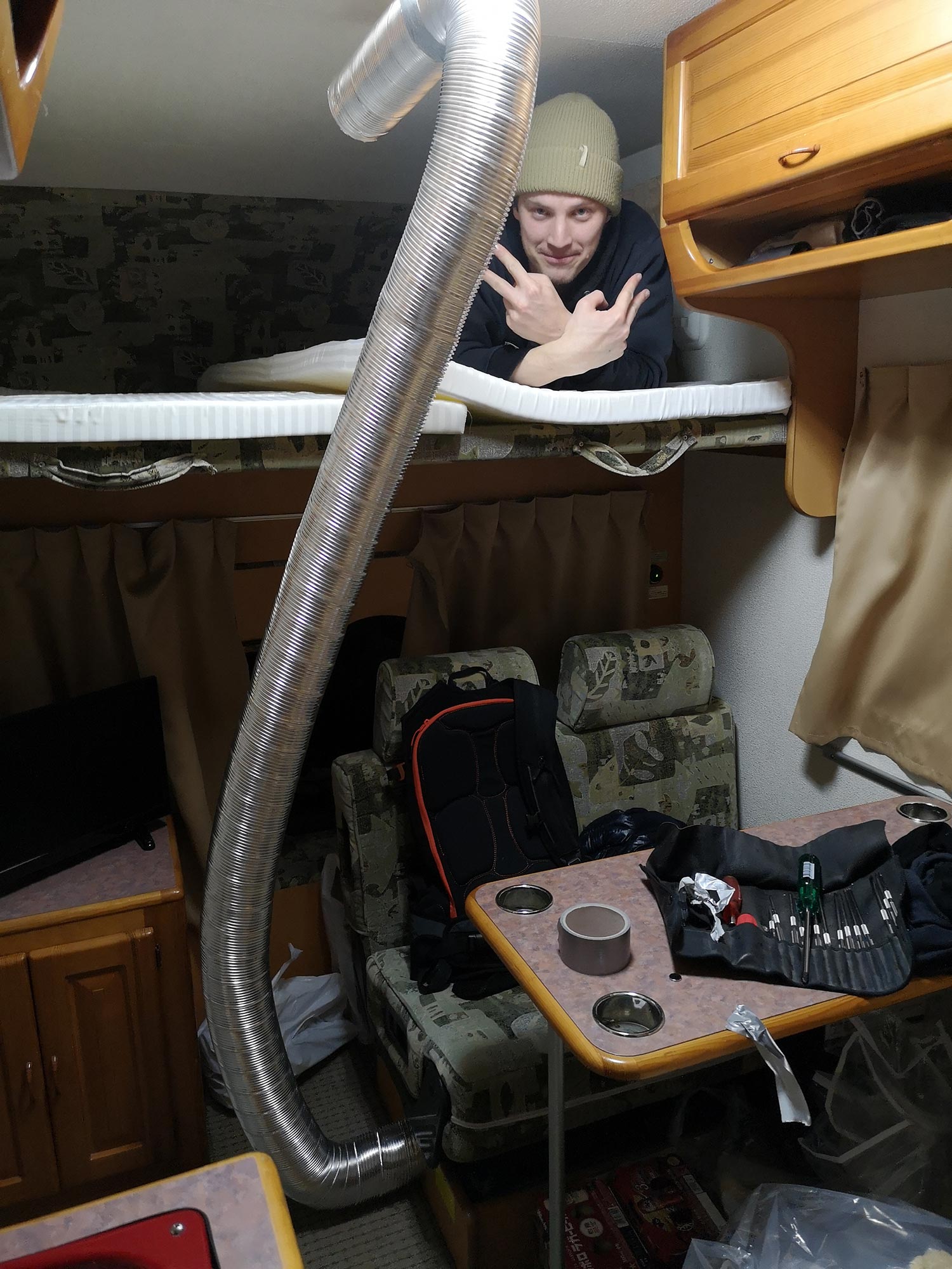 Homemade heating duct in a Japanese camper van during a ski trip to Hokkaido.