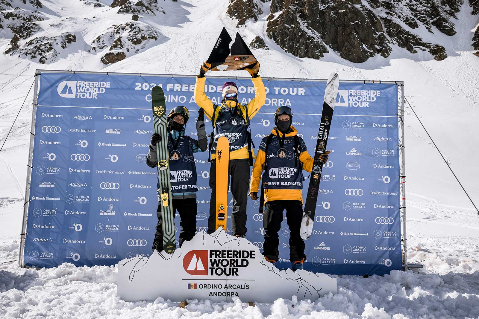 The men's podium at the 2021 Freeride World Tour Stop #2 in Ordino Arcalis, Andorra.
