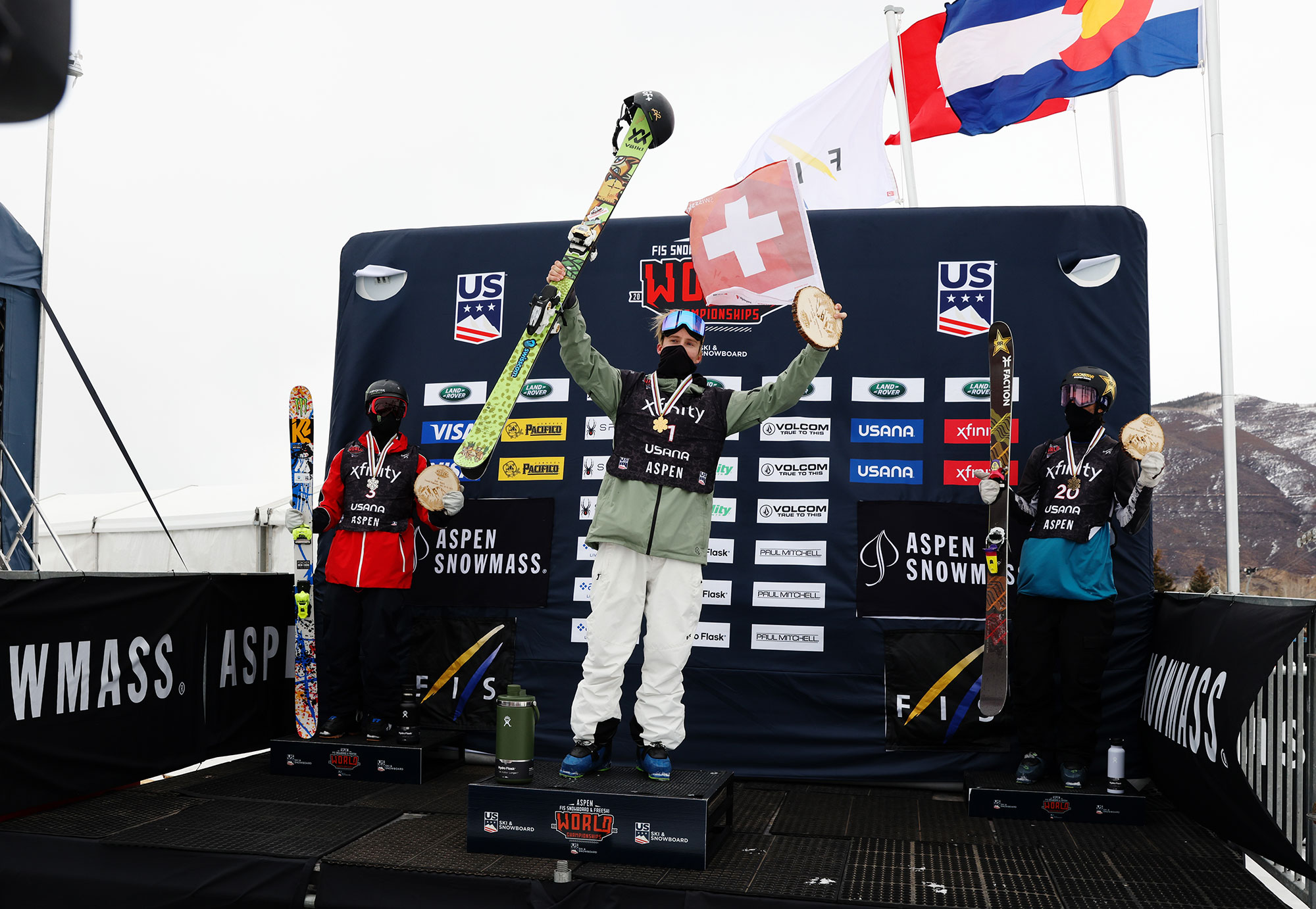 The Mens Podium of the 2021 FIS Freestyle World Championships in Aspen, Colorado: Andri Ragettli, Colby Stevenson and Alex Hall.