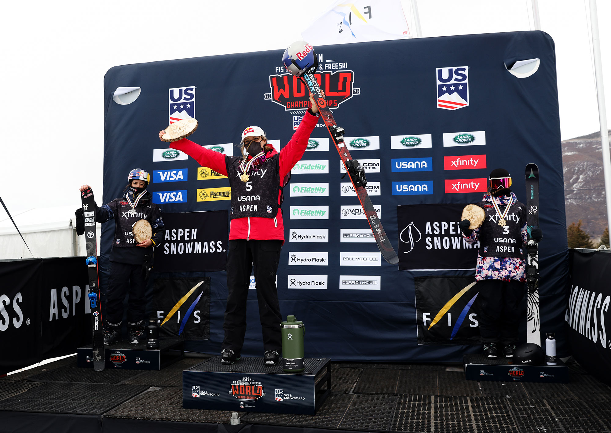 The women's podium of the 2021 FIS Freestyle World Championships slopestyle finals in Aspen, Colorado.