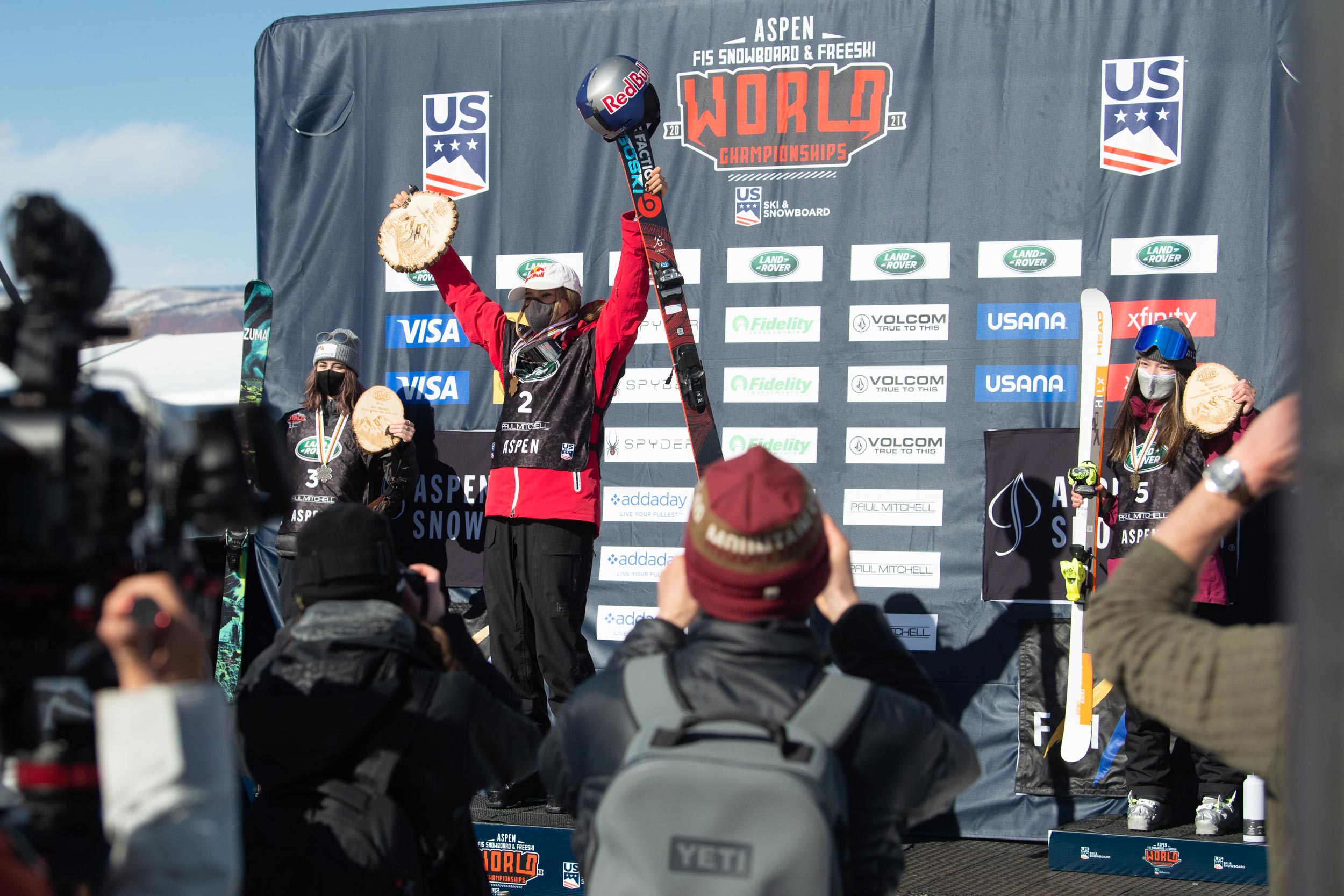 The women's freeski podium at the 2021 FIS World Championships halfpipe finals in Aspen, Colorado