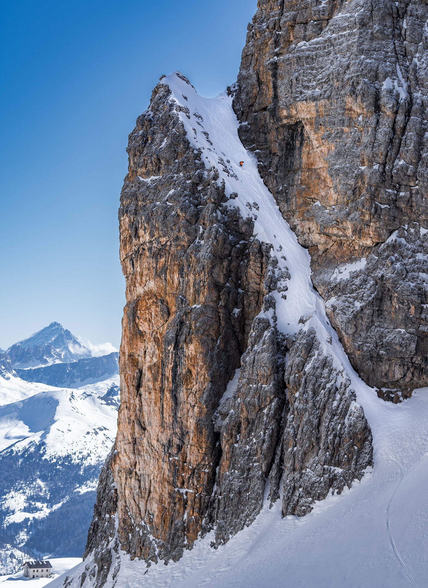 Sam Anthamatten skis a line in the Dolomites for the Faction Skis movie ROOTS.