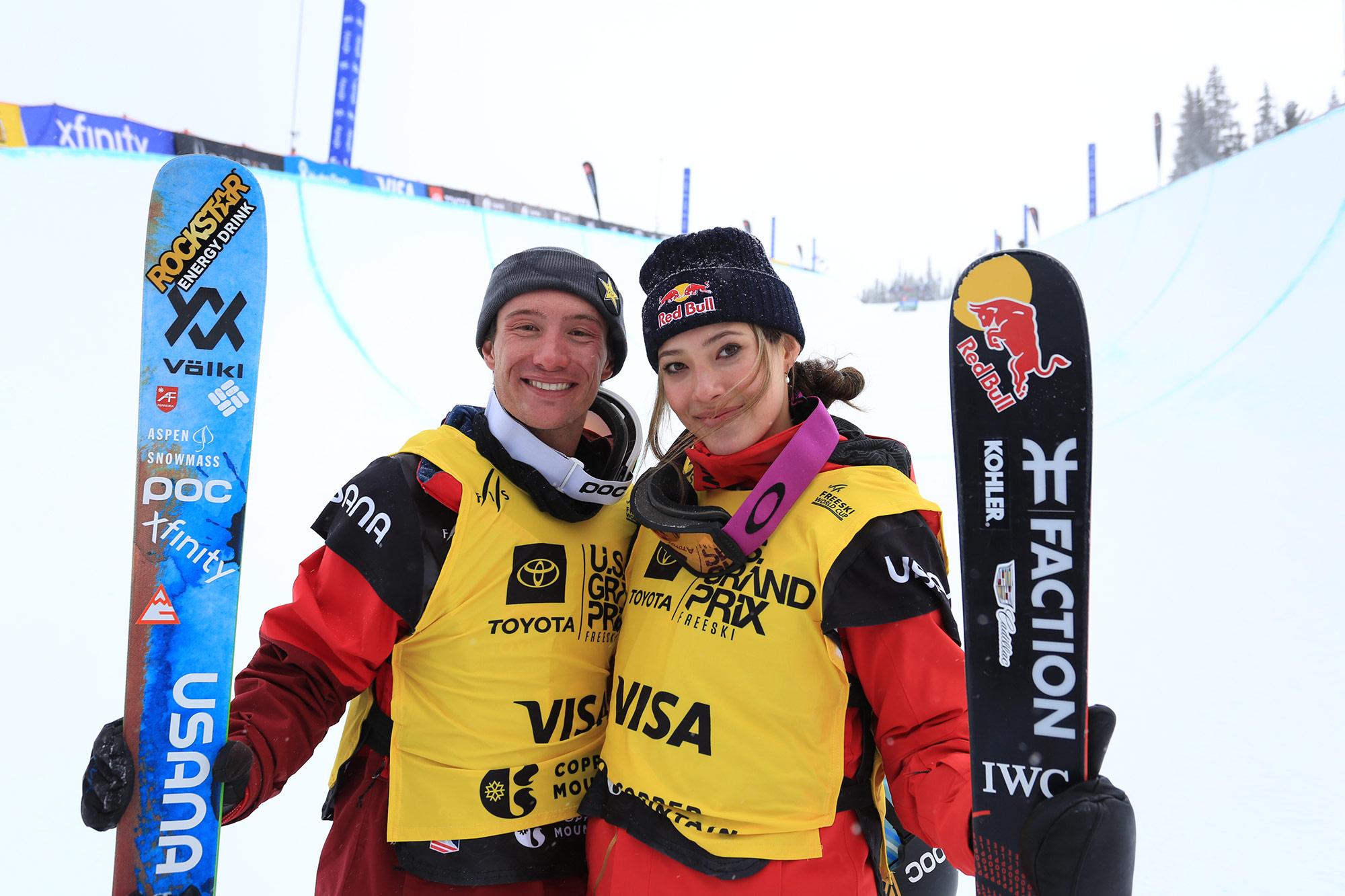 Alex Ferreira and Eileen Gu, winners of the 2021 US Grand Prix halfpipe at Copper Mountain, Colorado