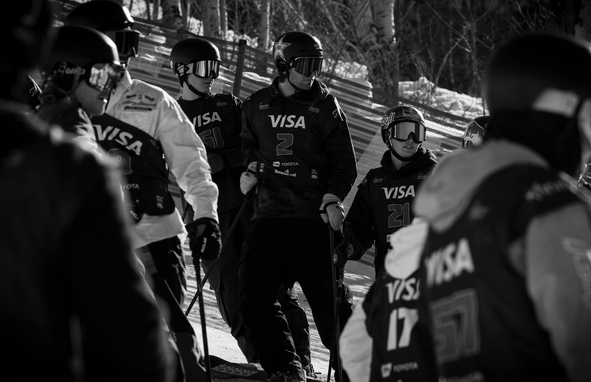 Skiers at the 2021 Visa Big Air Freeski World Cup in Steamboat, Colorado.