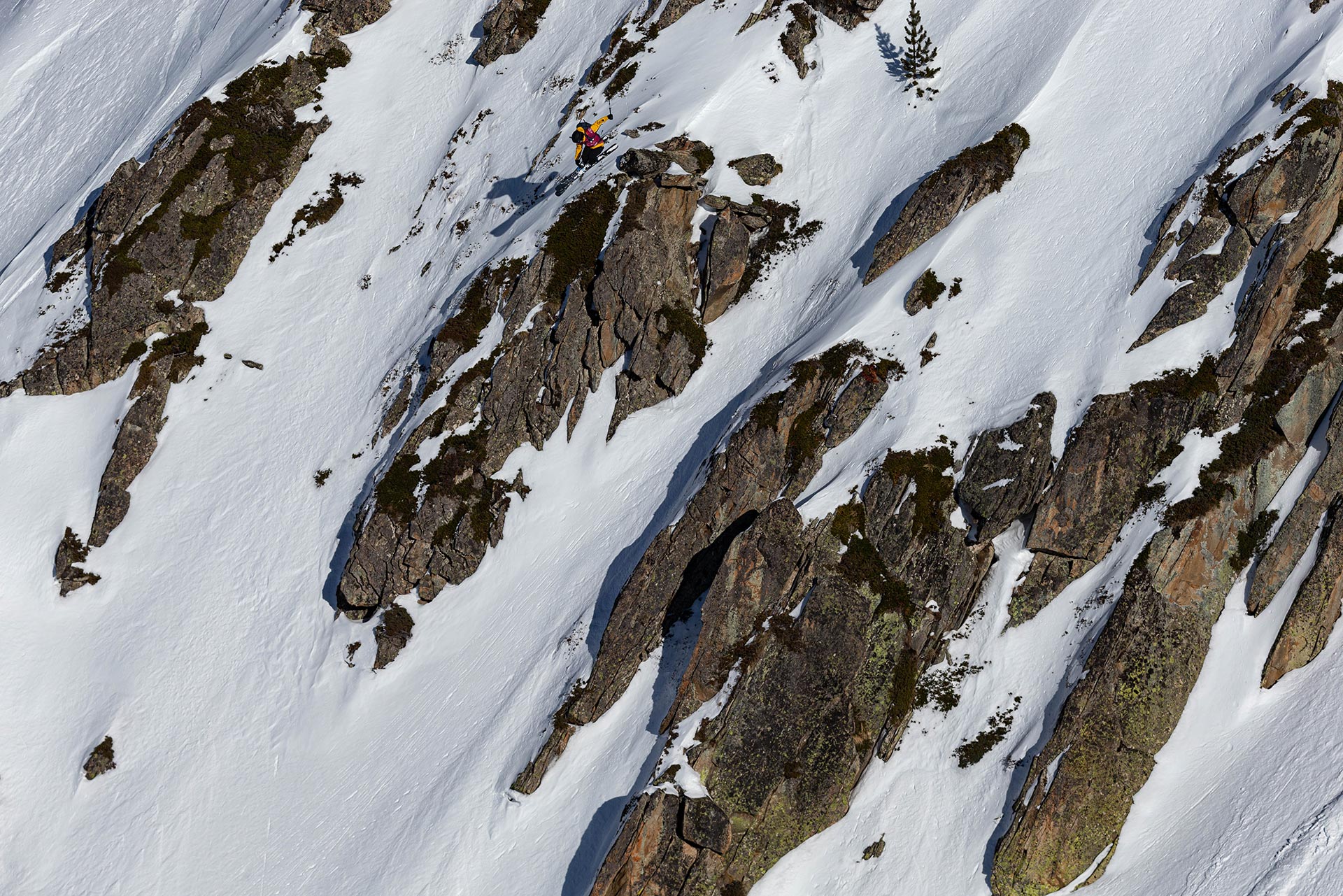 Abel Moga lines up a big drop on his way to second place at the Freeride World Tour Baquiera Beret.