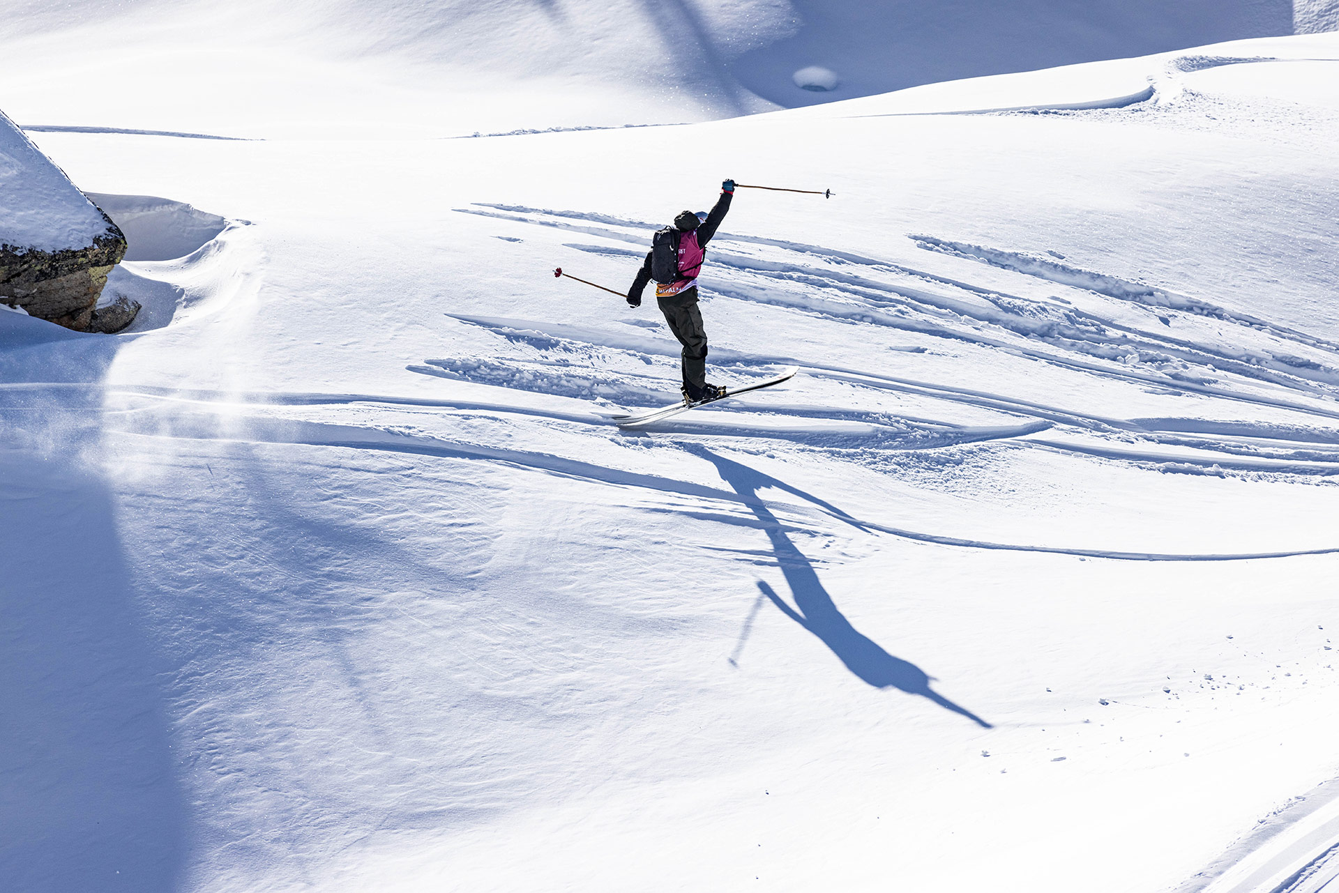 Max Palm celebrates his groundbreaking run at the Freeride World Tour event in Baqueria Beret, Spain.