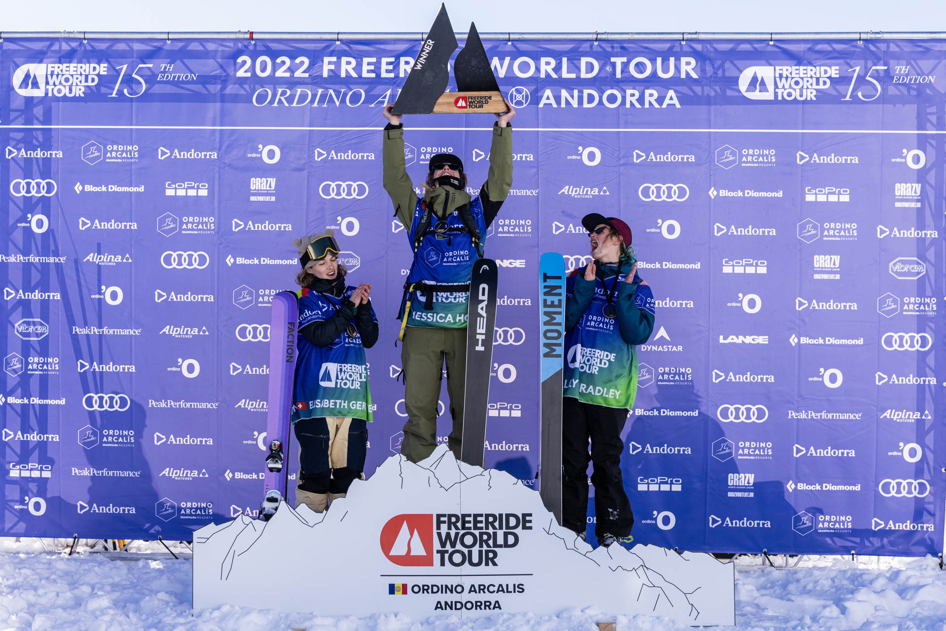 Womens Podium at the 2022 Freeride World Tour Ordino-Arcalis: Jess Hotter, Elisabeth Gerritzen, Lily Bradley