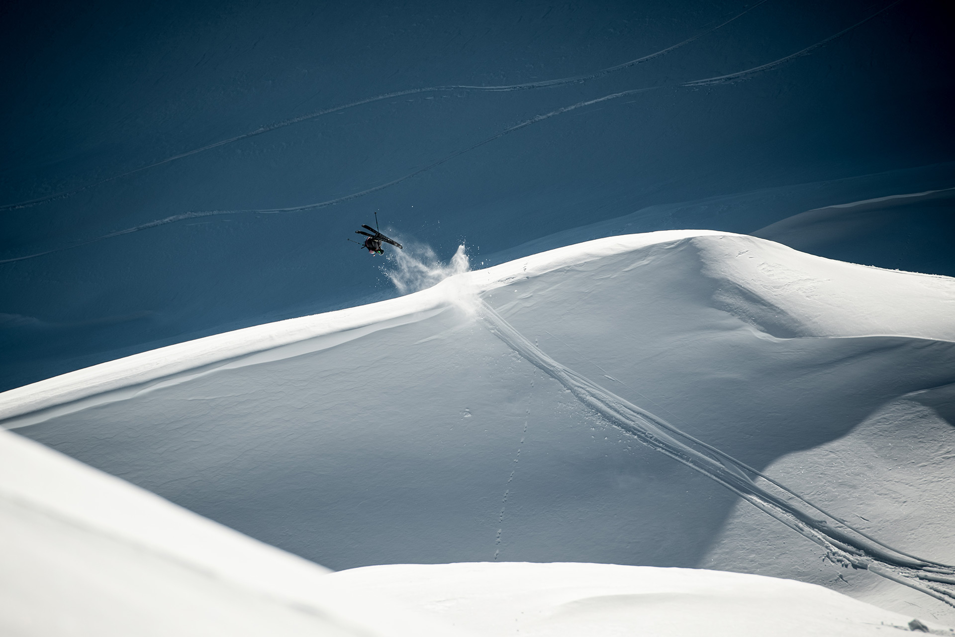 Stefanie Freimann boosts an air at the Open Faces freeride contest in Kappl, Austria