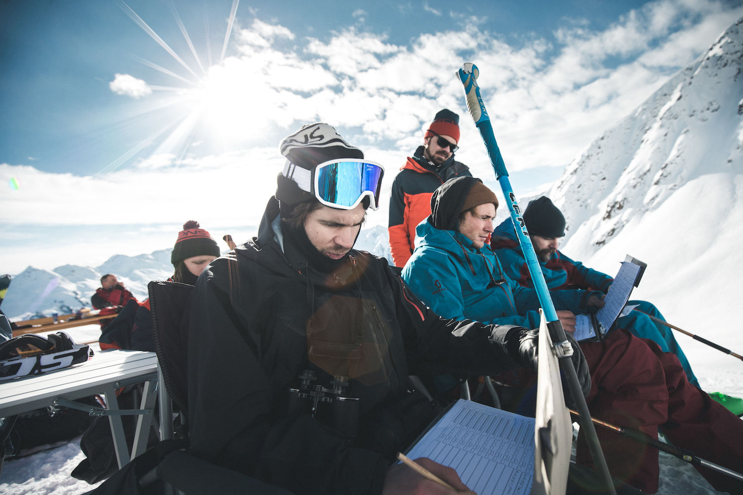 Judges Jochen Mesle, Dorian Konrad and Tom Löffler watch the Open Faces contest at Kappl in 2019.