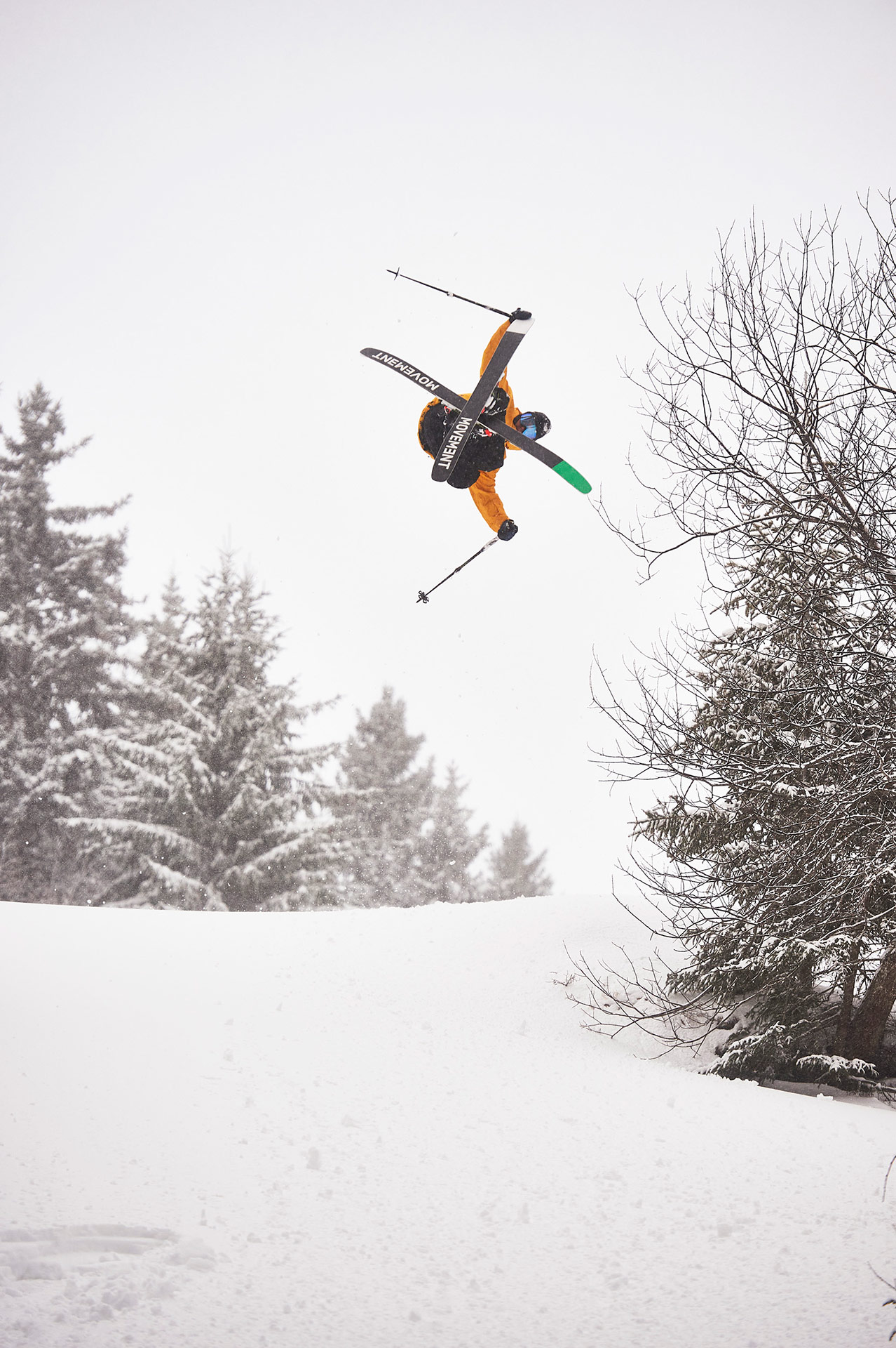 Laurent De Martin skiing in the trees at Morgins.