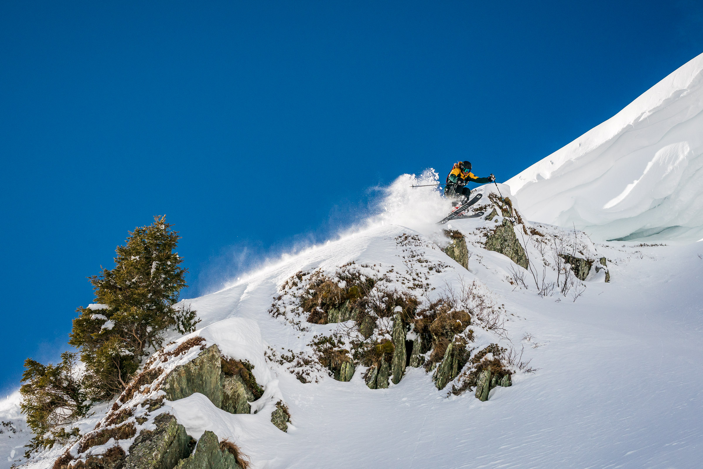 Nikki Sagmeister freeride skiing in Saalbach, Austria during a Downdays spot check.