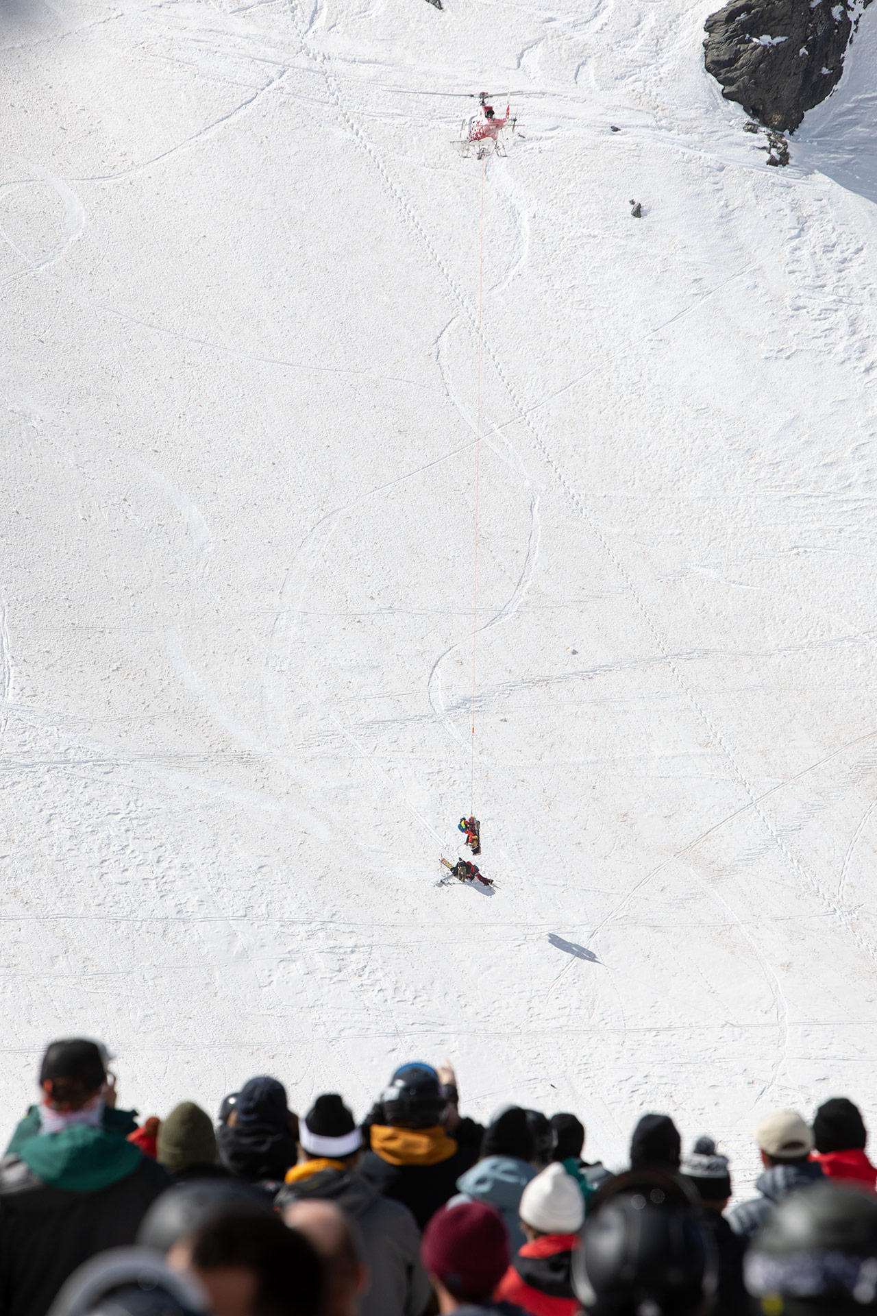 Aymar Navarro receives medical attention after a crash at the 2022 Freeride World Tour finals in Verbier.