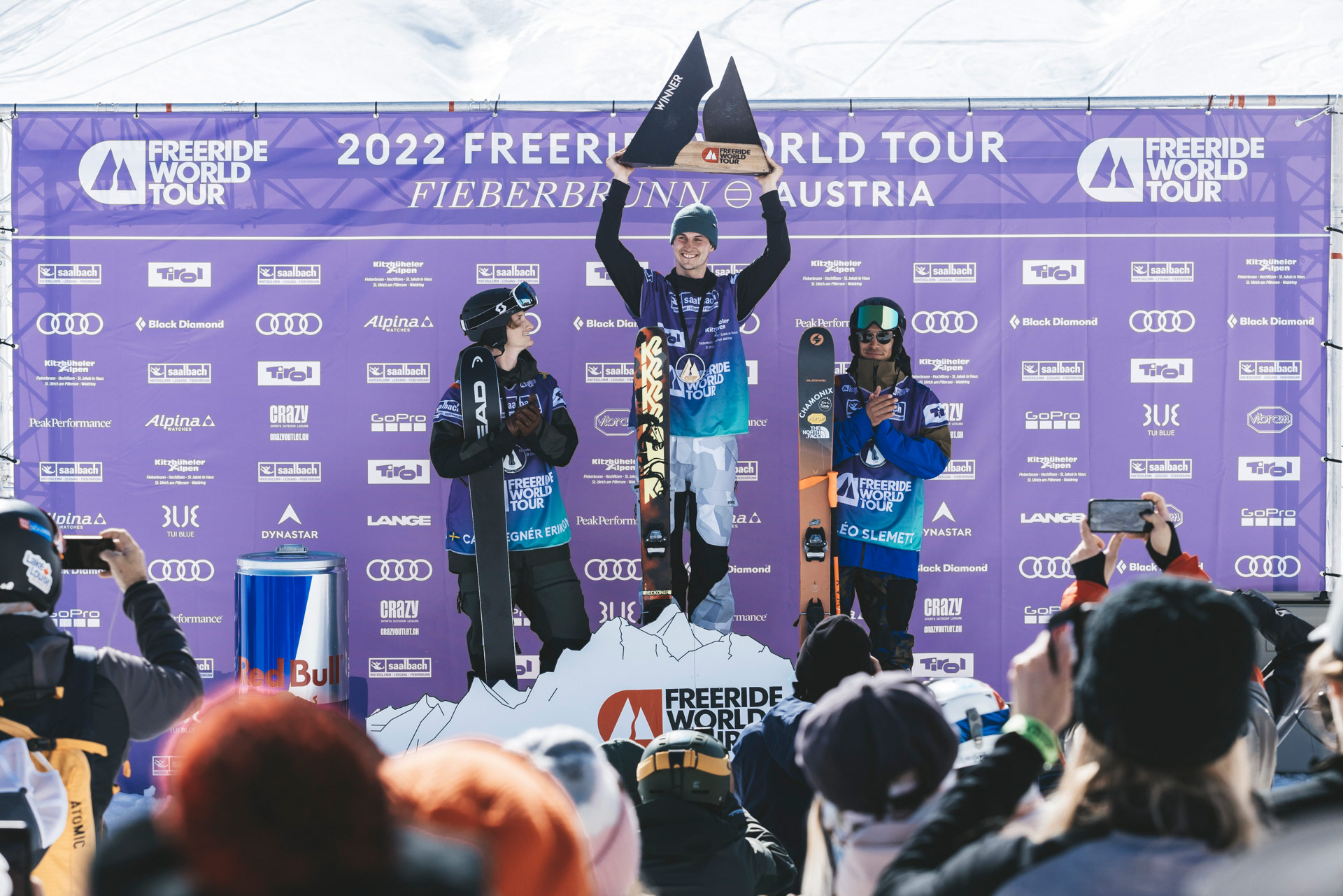 Men's podium at the 2022 Freeride World Tour stop in Fieberbrunn, Austria