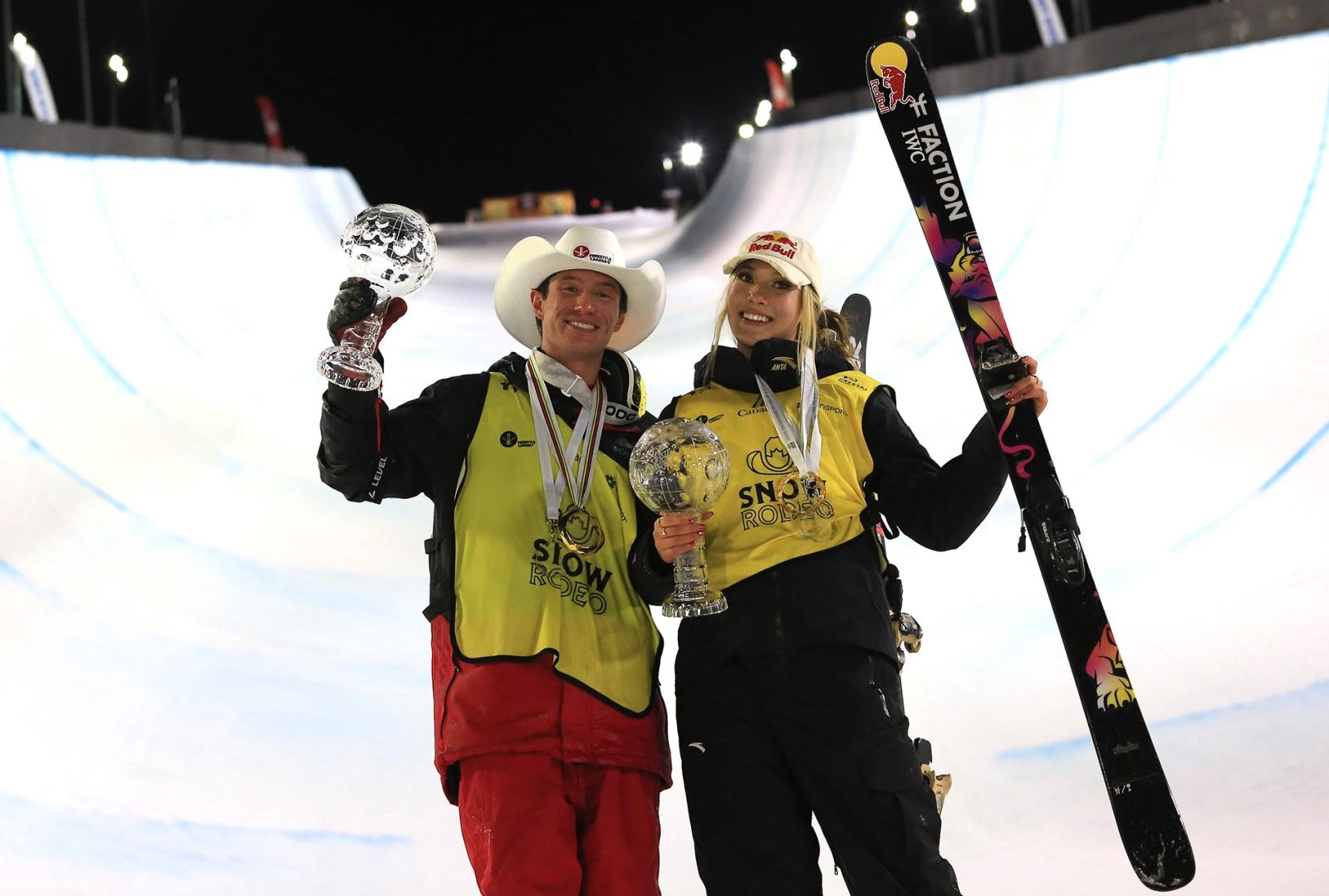 Alex Ferreira and Eileen Gu at the 2024 Calgary Snow Rodeo holding their Crystal GLobes
