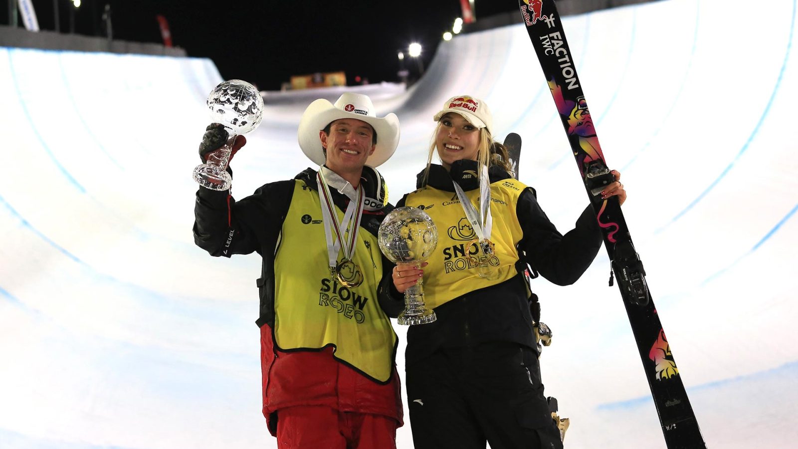 Alex Ferreira and Eileen Gu at the 2024 Calgary Snow Rodeo holding their Crystal GLobes